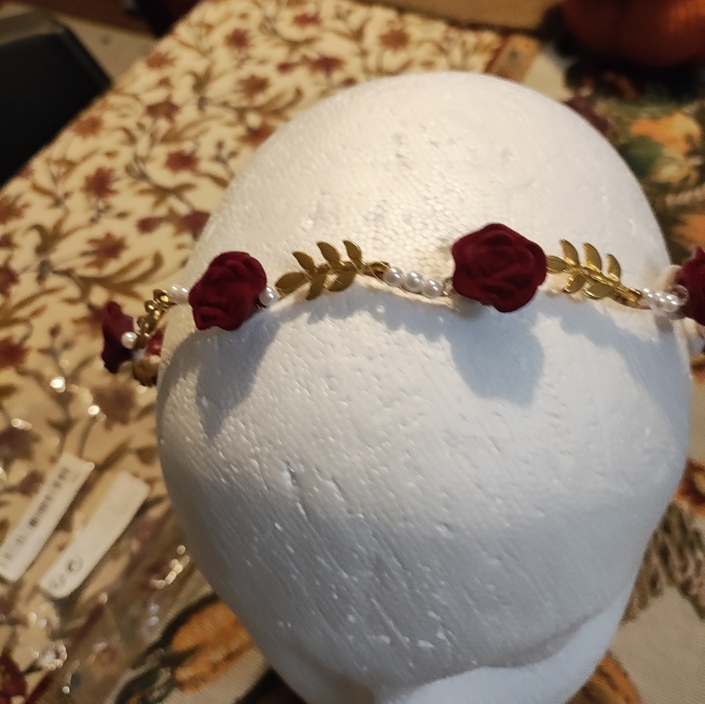 Chic Burgundy Floral Headband with Gold Leaves